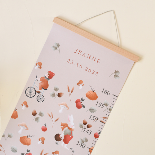 Photo d'une toise avec des motifs autour de l'automne : feuilles, champignons, citrouilles, pommes... Une collaboration entre Atelier Oranger et Baubels.