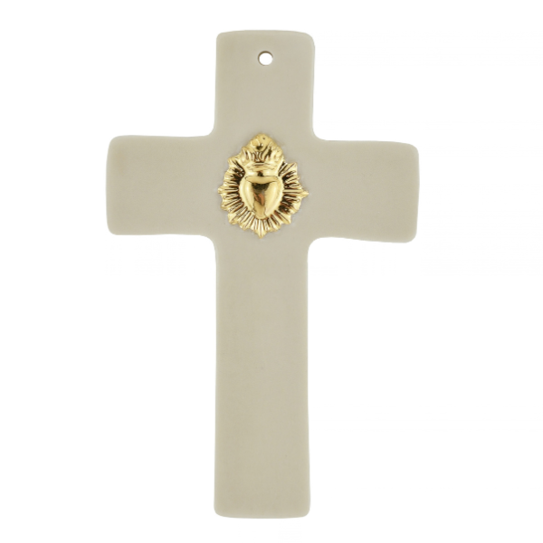 Croix murale en porcelaine sable – Cœur sacré ex-voto doré