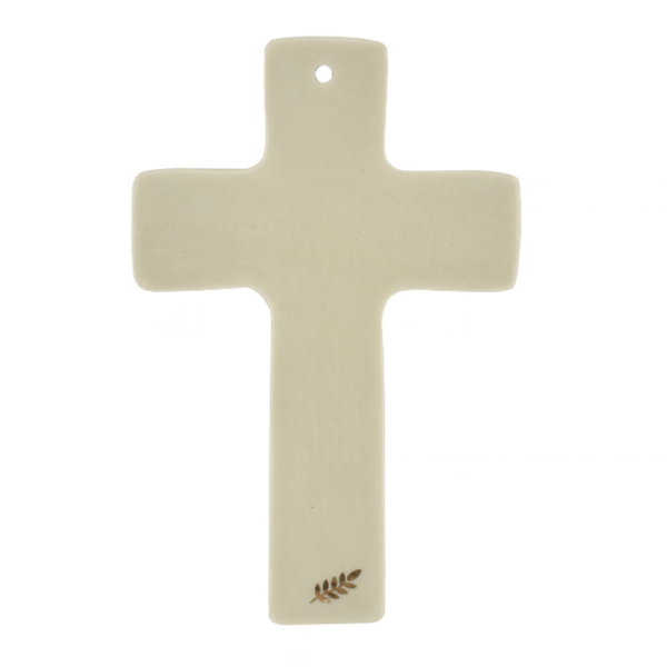 Croix murale en porcelaine sable – Motif laurier